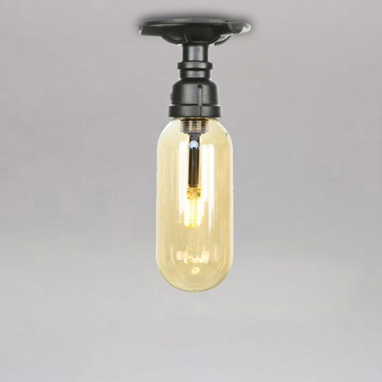 Industrial Black Amber Glass Semi Flush Light with Capsuled Shade & Pipe Design - Ceiling Mount