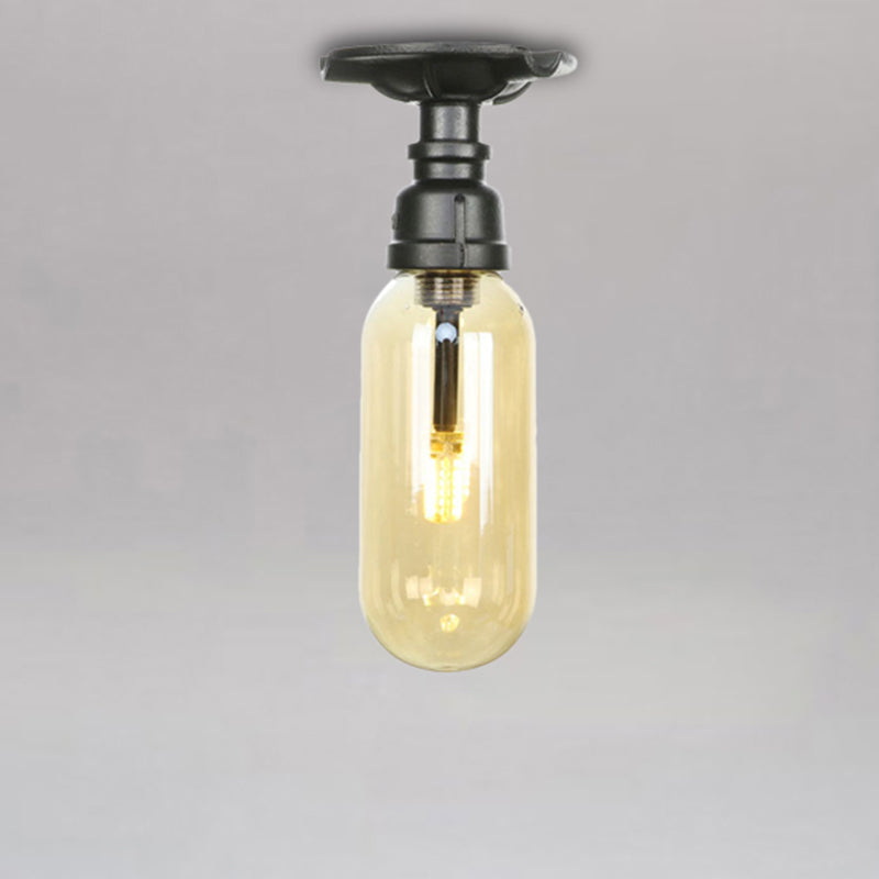 Industrial Black Amber Glass Semi Flush Light With Capsuled Shade & Pipe Design - Ceiling Mount / A