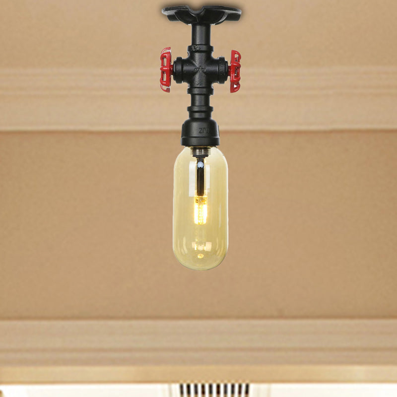 Industrial Black Amber Glass Semi Flush Light with Capsuled Shade & Pipe Design - Ceiling Mount