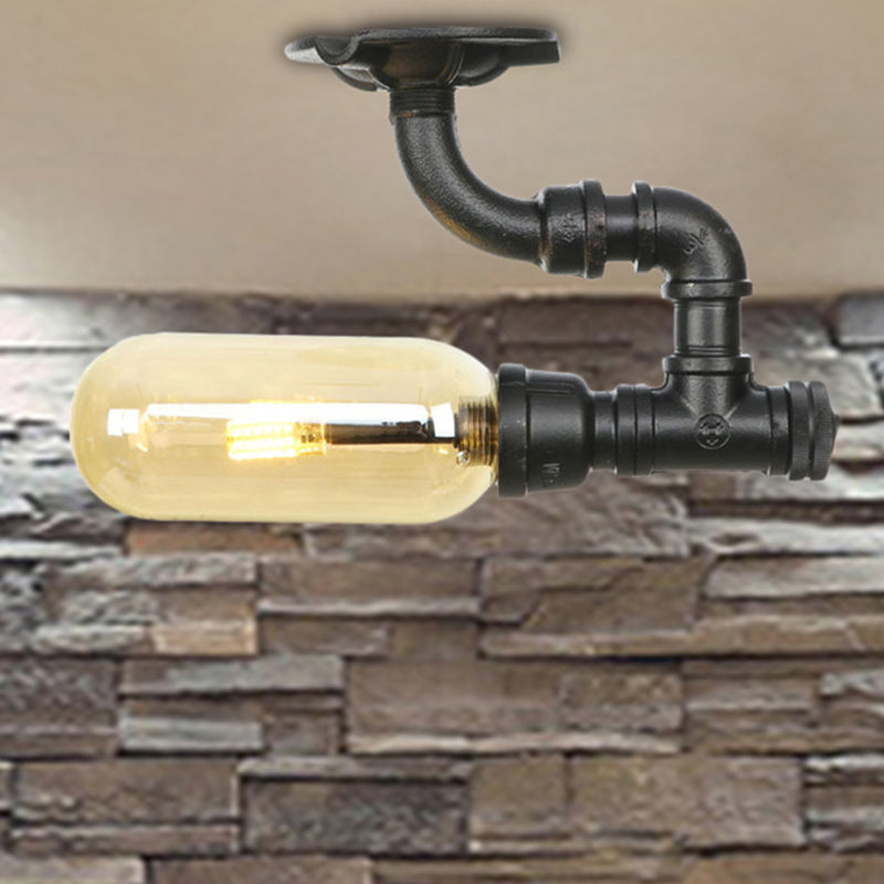 Industrial Black Amber Glass Semi Flush Light With Capsuled Shade & Pipe Design - Ceiling Mount / C