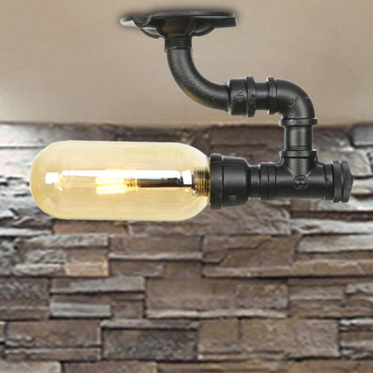 Industrial Black Amber Glass Semi Flush Light With Capsuled Shade & Pipe Design - Ceiling Mount / C