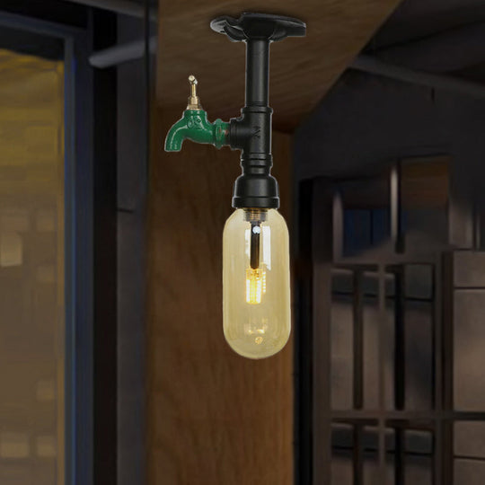 Industrial Black Amber Glass Semi Flush Light with Capsuled Shade & Pipe Design - Ceiling Mount