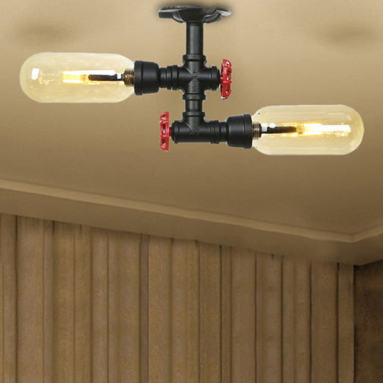 Rustic 2-Bulb Amber Glass Semi Mount Ceiling Light in Matte Black - Dining Room Lighting with Oval Shade and Pipe Design