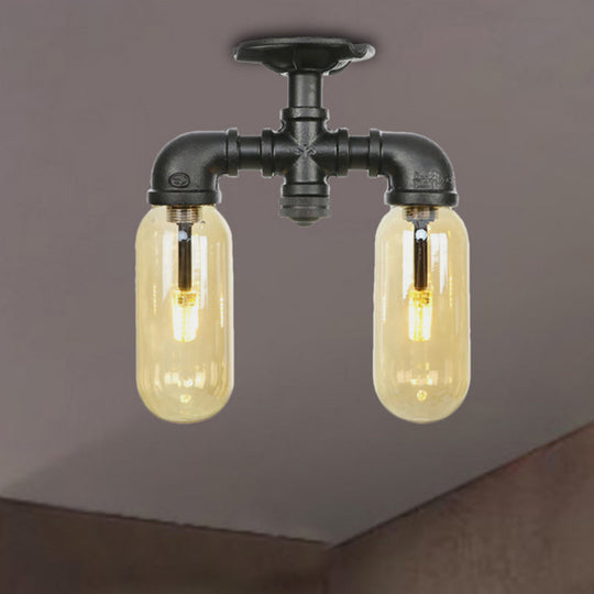 Industrial Capsule Amber Glass Semi Flush Mount Light - Matte Black with Pipe Design