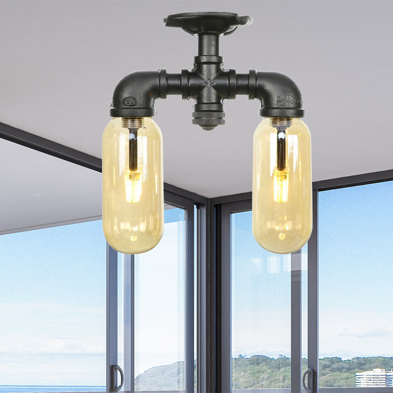 Industrial Capsule Amber Glass Semi Flush Mount Light - Matte Black with Pipe Design