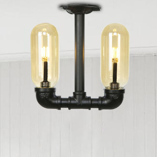 Industrial Capsule Amber Glass Semi Flush Mount Light - Matte Black with Pipe Design