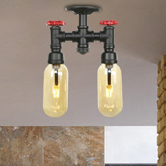 Industrial Capsule Amber Glass Semi Flush Mount Light - Matte Black with Pipe Design