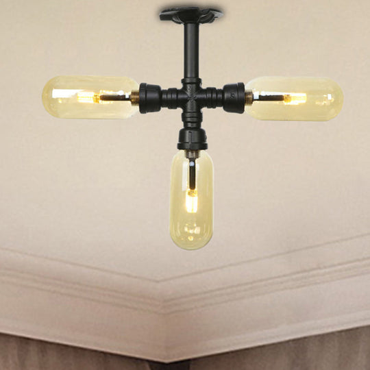 Vintage Amber Glass Ceiling Light with Matte Black Semi Flush Design - 3/4 Light Oval Shade