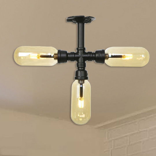 Vintage Amber Glass Ceiling Light with Matte Black Semi Flush Design - 3/4 Light Oval Shade