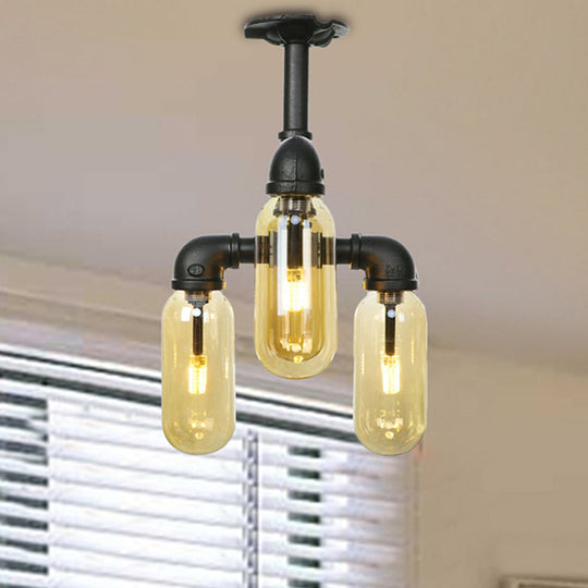 Vintage Amber Glass Ceiling Light with Matte Black Semi Flush Design - 3/4 Light Oval Shade