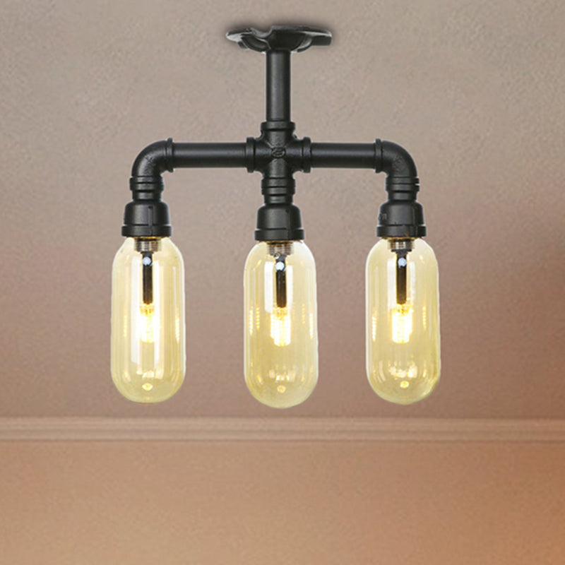 Vintage Amber Glass Ceiling Light with Matte Black Semi Flush Design - 3/4 Light Oval Shade