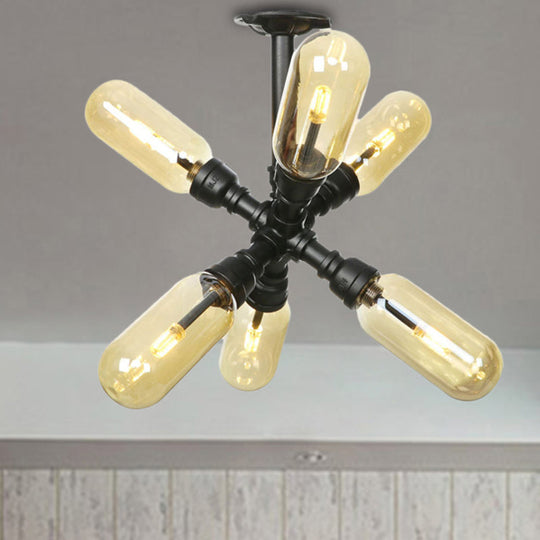 Rustic Amber Glass Ceiling Light with Semi-Flush Design - 4/5/6 Bulbs, Matte Black Finish, and Pipe Detail - Perfect for Kitchen and Home Decor