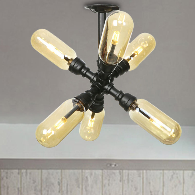 Rustic Amber Glass Ceiling Light With Semi-Flush Design - 4/5/6 Bulbs Matte Black Finish And Pipe