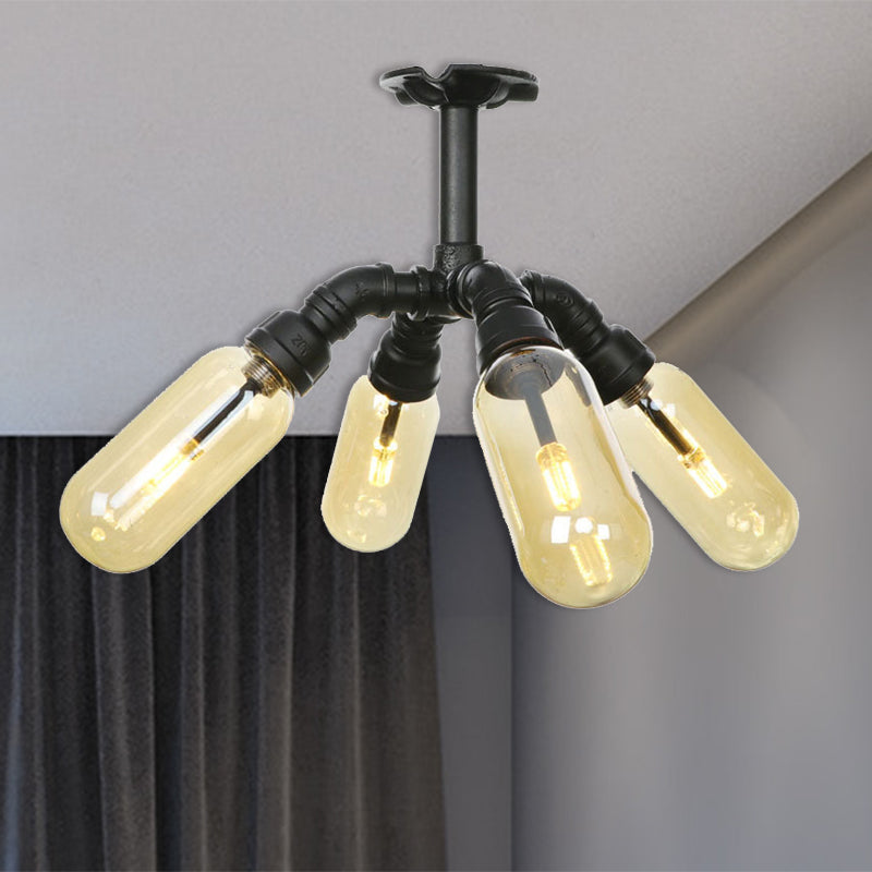 Rustic Amber Glass Ceiling Light with Semi-Flush Design - 4/5/6 Bulbs, Matte Black Finish, and Pipe Detail - Perfect for Kitchen and Home Decor