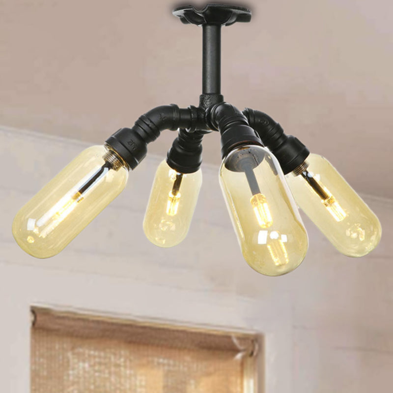 Rustic Amber Glass Ceiling Light with Semi-Flush Design - 4/5/6 Bulbs, Matte Black Finish, and Pipe Detail - Perfect for Kitchen and Home Decor