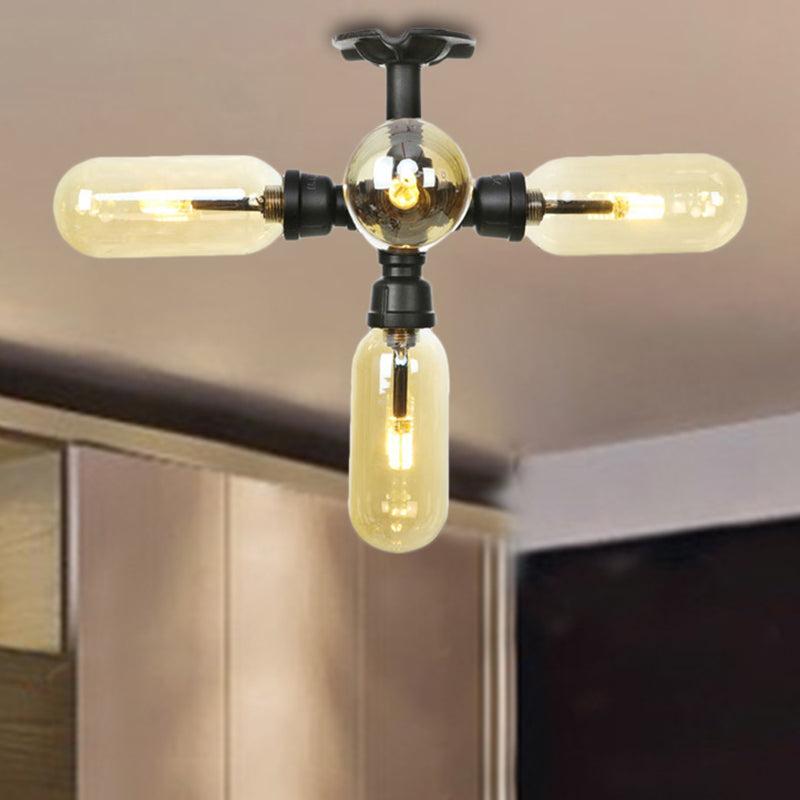 Rustic Amber Glass Ceiling Light with Semi-Flush Design - 4/5/6 Bulbs, Matte Black Finish, and Pipe Detail - Perfect for Kitchen and Home Decor