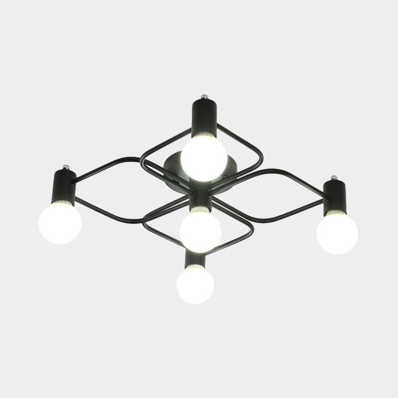 Contemporary Diamond/Rectangular Semi Flush Mount Light - 5/7/9 Lights, White/Black LED, Milk Glass Shade