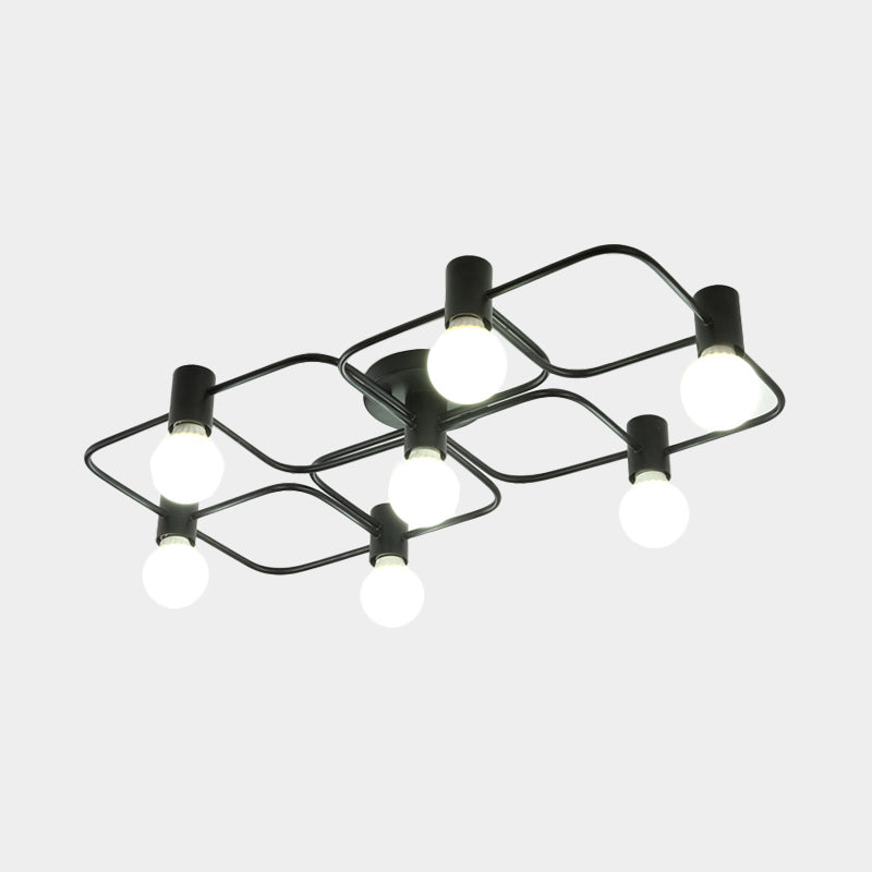 Contemporary Diamond/Rectangular Semi Flush Mount Light - 5/7/9 Lights, White/Black LED, Milk Glass Shade