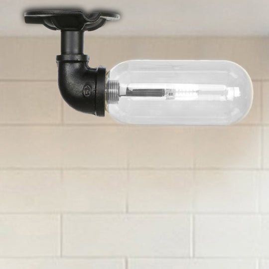 Industrial Black Ceiling Mounted Fixture - Oval Clear Glass Shade, Semi Flush Mount with Pipe Design