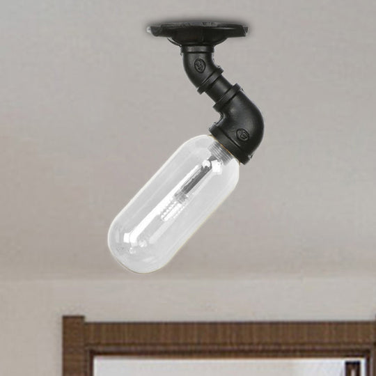 Industrial Black Ceiling Mounted Fixture - Oval Clear Glass Shade, Semi Flush Mount with Pipe Design