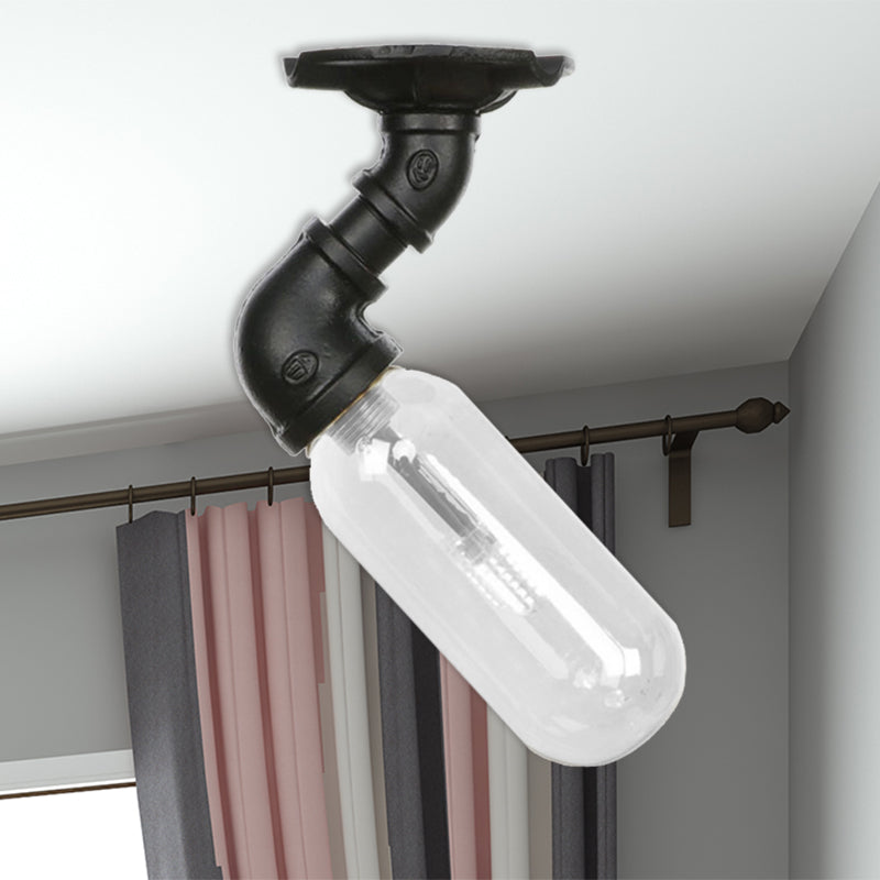 Industrial Black Ceiling Mounted Fixture - Oval Clear Glass Shade, Semi Flush Mount with Pipe Design