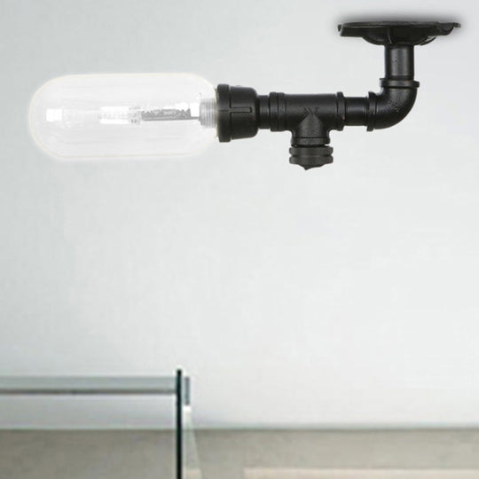 Industrial Black Ceiling Mounted Fixture - Oval Clear Glass Shade, Semi Flush Mount with Pipe Design