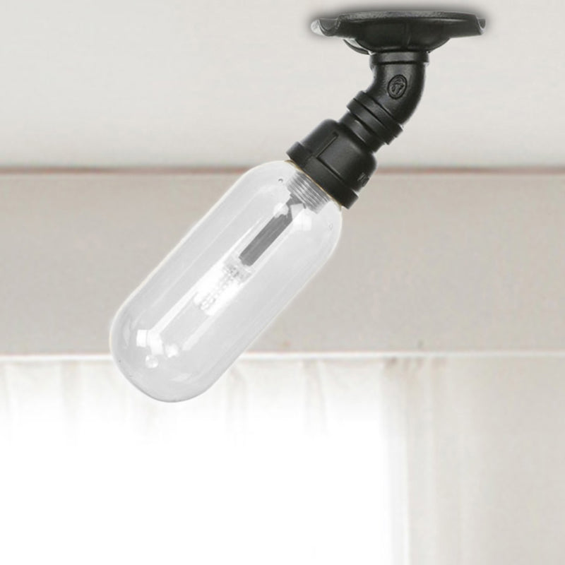 Industrial Black Ceiling Mounted Fixture - Oval Clear Glass Shade, Semi Flush Mount with Pipe Design