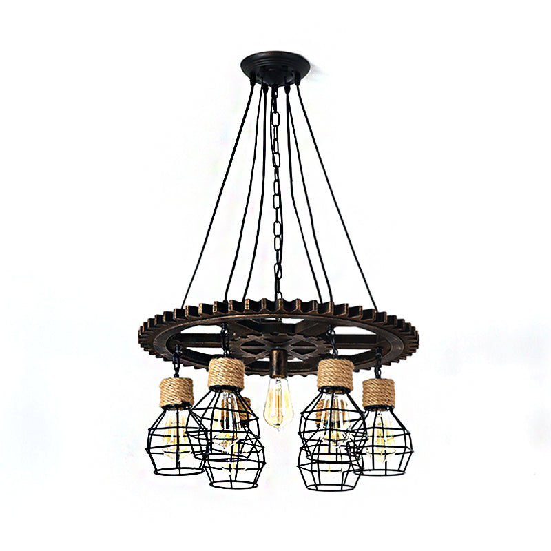 Black Metal Industrial Wagon Wheel Chandelier - 5/7-Light Living Room Hanging Lamp