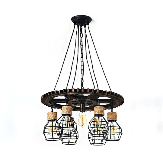 Black Metal Industrial Wagon Wheel Chandelier - 5/7-Light Living Room Hanging Lamp