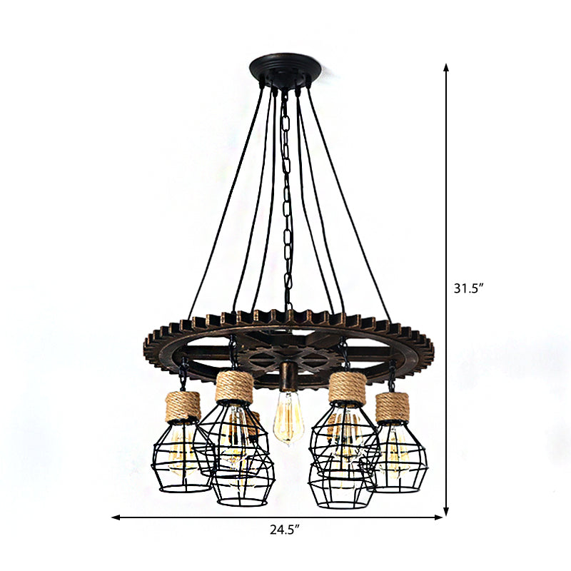 Black Metal Industrial Wagon Wheel Chandelier - 5/7-Light Living Room Hanging Lamp