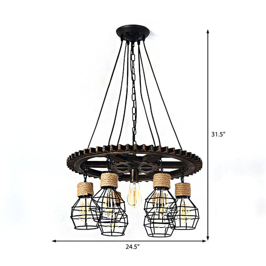 Industrial Metal Wagon Wheel Chandelier Lamp - Black 5/7-Light Living Room Hanging Light