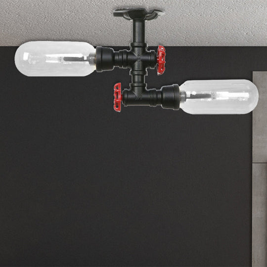 Rustic Matte Black Flush Light with Clear Glass Shade and 2-Lights for Living Room Ceiling