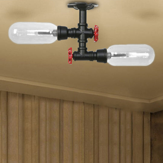 Rustic Matte Black Flush Light with Clear Glass Shade and 2-Lights for Living Room Ceiling