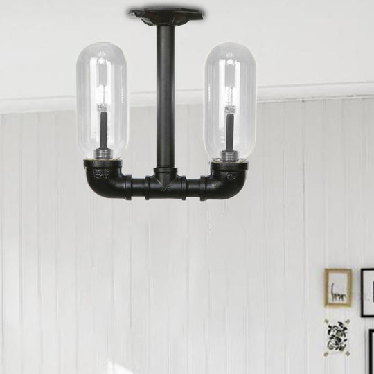 Rustic Matte Black Flush Light with Clear Glass Shade and 2-Lights for Living Room Ceiling