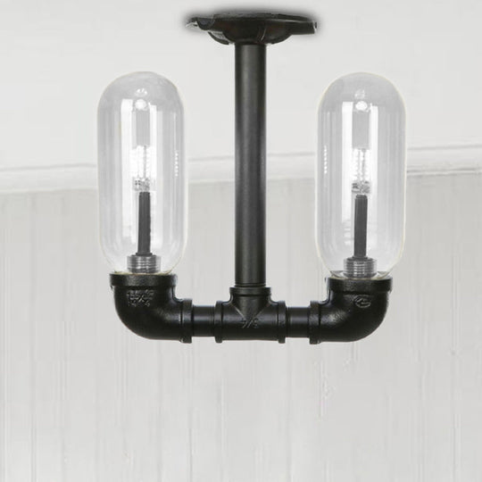 Rustic Matte Black Flush Light with Clear Glass Shade and 2-Lights for Living Room Ceiling