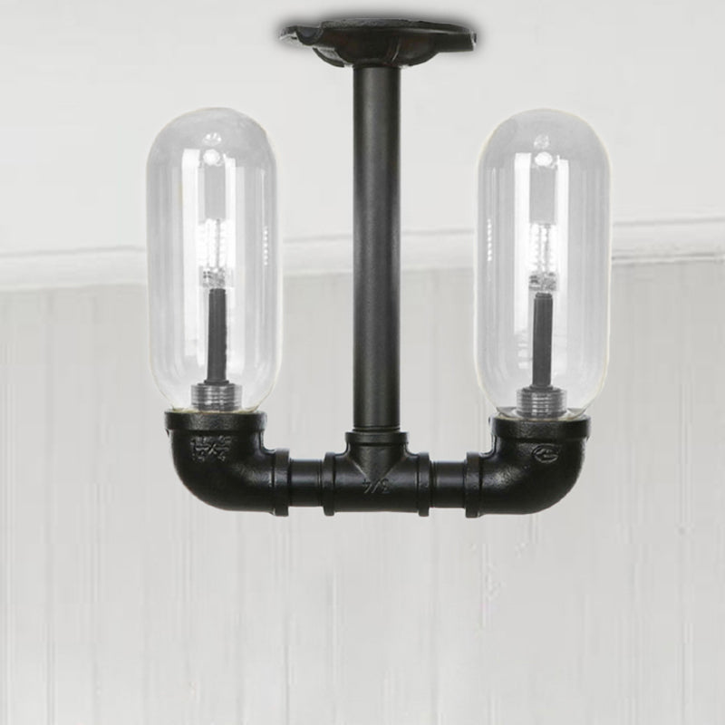 Rustic Matte Black Flush Light With Clear Glass Shade And 2-Lights For Living Room Ceiling