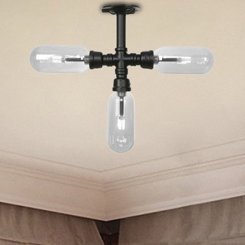 Vintage Style Matte Black Semi Flush Light with Clear Glass - Pipe Designed 3/4 Light Capsule Fixture