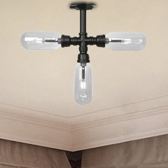 Vintage Style Matte Black Semi Flush Light with Clear Glass - Pipe Designed 3/4 Light Capsule Fixture