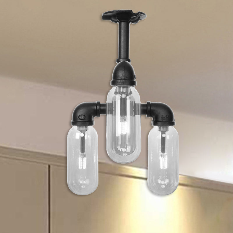 Vintage Style Matte Black Semi Flush Light with Clear Glass - Pipe Designed 3/4 Light Capsule Fixture