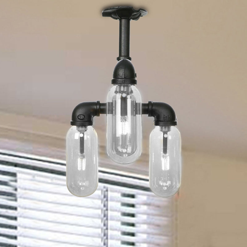 Vintage Style Matte Black Semi Flush Light with Clear Glass - Pipe Designed 3/4 Light Capsule Fixture