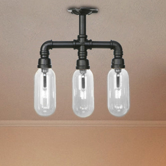 Vintage Style Matte Black Semi Flush Light with Clear Glass - Pipe Designed 3/4 Light Capsule Fixture