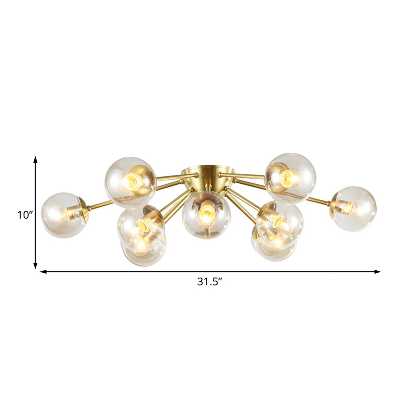 Modern Clear Glass Semi Flush Mount Light With Starburst Design - Brass Finish