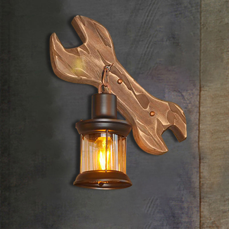 Rustic Lantern Indoor Wall Light: Unique Design Clear Glass 1 Light Sconce Lamp With Wooden