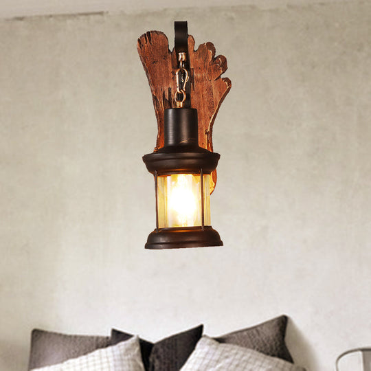 Coastal Clear Glass Kerosene Wall Lamp: Black Sconce Light With Wooden Foot