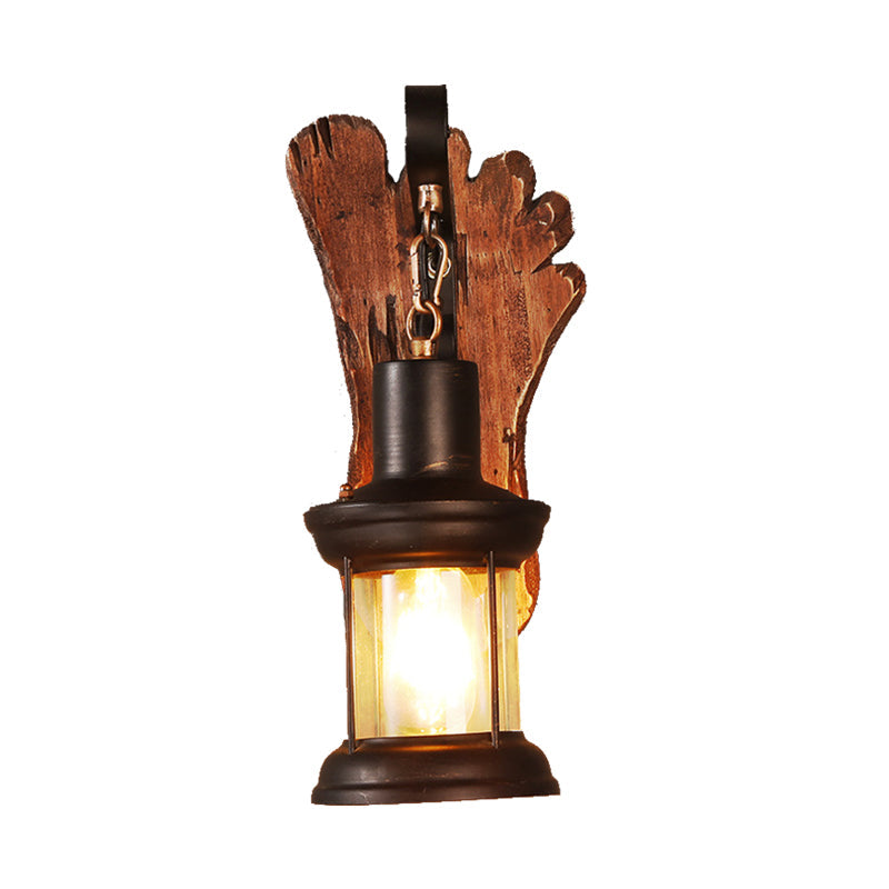 Coastal Clear Glass Kerosene Wall Lamp: Black Sconce Light With Wooden Foot