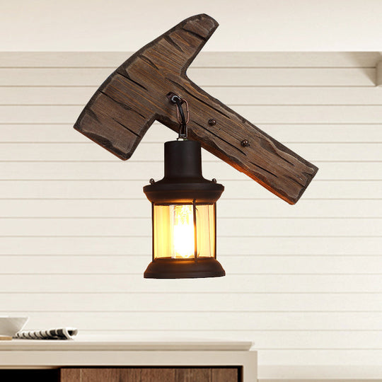 Coastal Clear Glass Kerosene Wall Lamp: Black Sconce Light With Wooden Foot