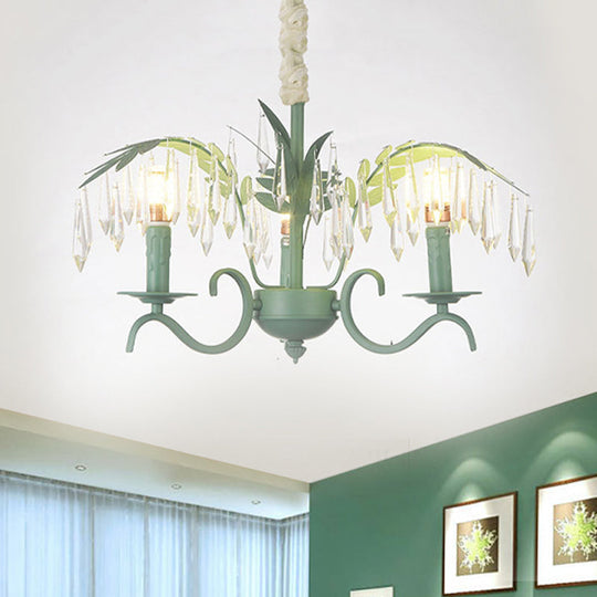 Green Nordic Chandelier: Metal Candle Hanging Light With Leaf & Crystal Detail - 3 Lights Ideal For