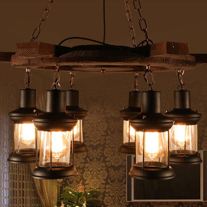 Industrial Clear Glass Lantern Shade Chandelier Pendant Light with 3/6 Bulbs for Dining Room Ceiling in Black