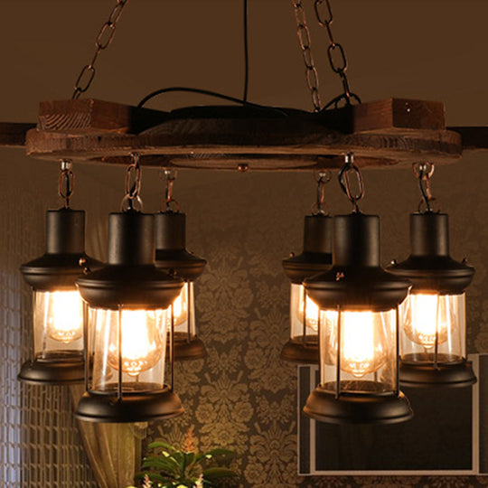 Industrial Clear Glass Ceiling Lamp With Lantern Shade - Black Pendant Light For Dining Room And