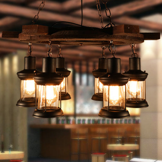 Industrial Clear Glass Lantern Shade Chandelier Pendant Light with 3/6 Bulbs for Dining Room Ceiling in Black